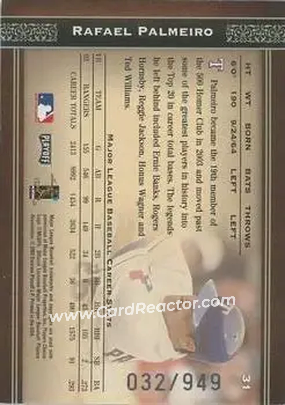 2004 Playoff Prime Cuts #31 - Rafael Palmeiro - Texas Rangers - Back