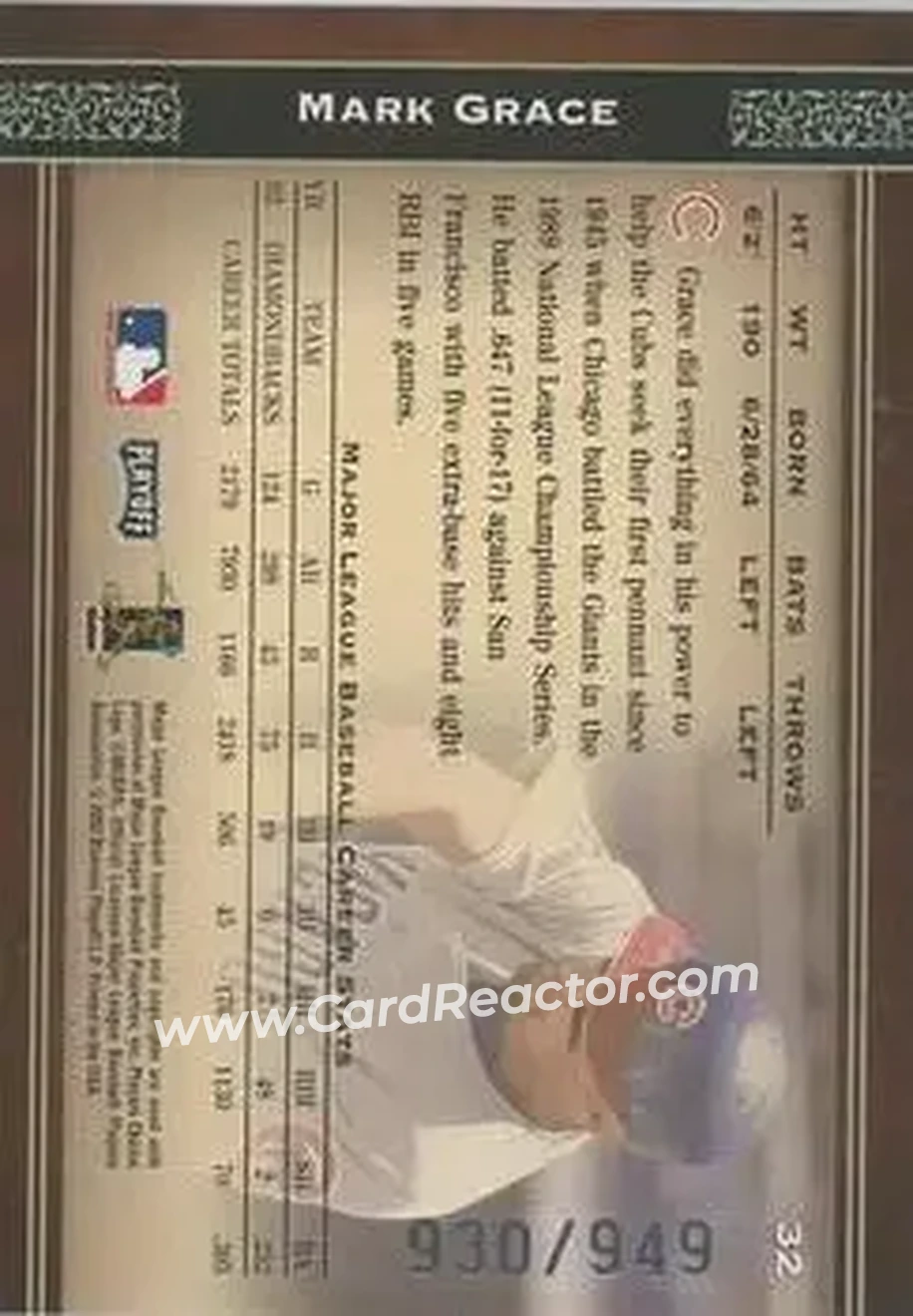 2004 Playoff Prime Cuts #32 - Mark Grace - Chicago Cubs - Back