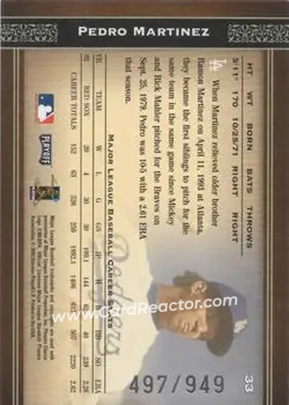 2004 Playoff Prime Cuts #33 - Pedro Martinez - Los Angeles Dodgers - Back