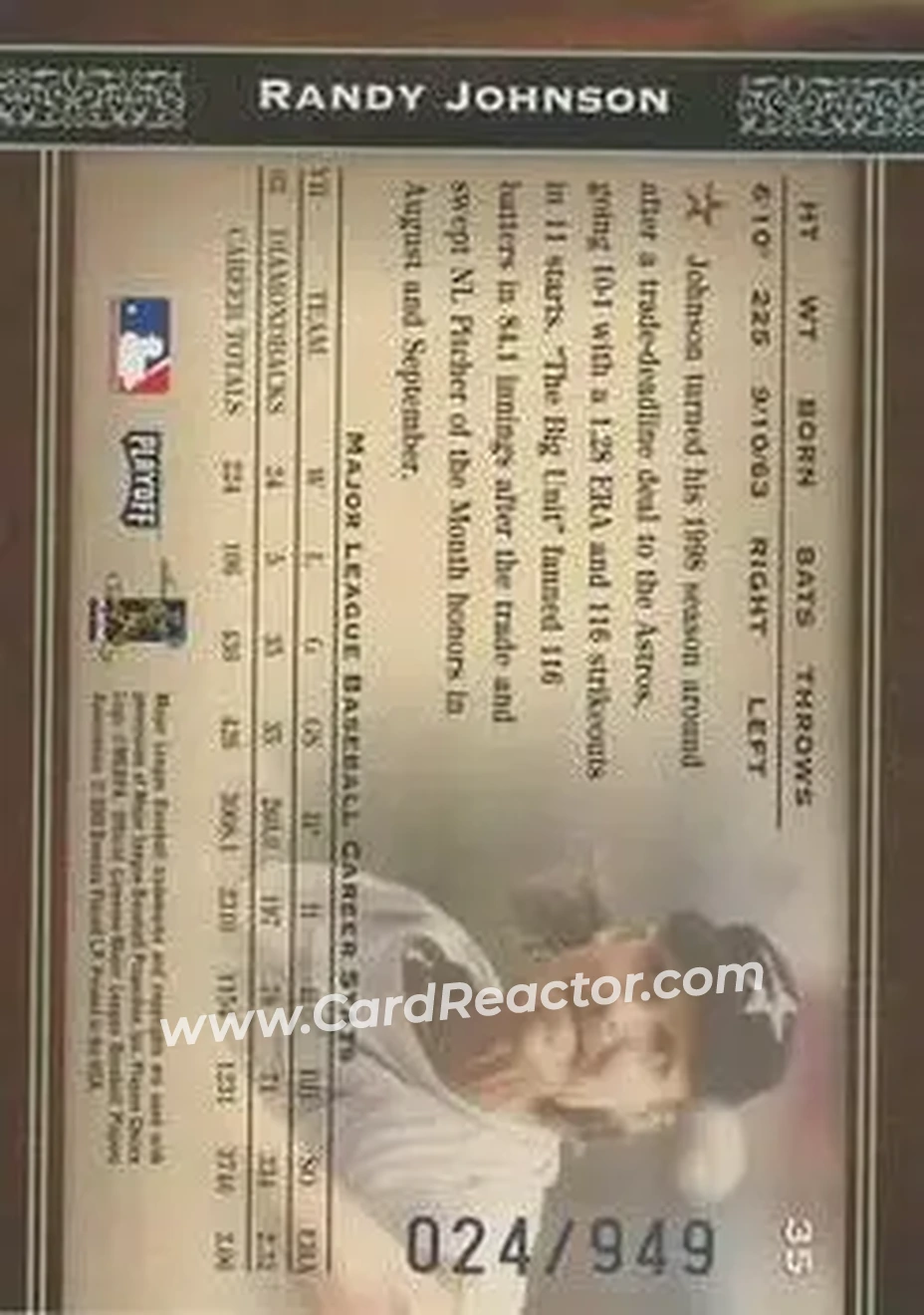 2004 Playoff Prime Cuts #35 - Randy Johnson - Houston Astros - Back
