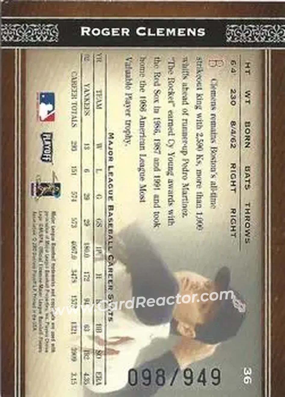 2004 Playoff Prime Cuts #36 - Roger Clemens - Boston Red Sox - Back