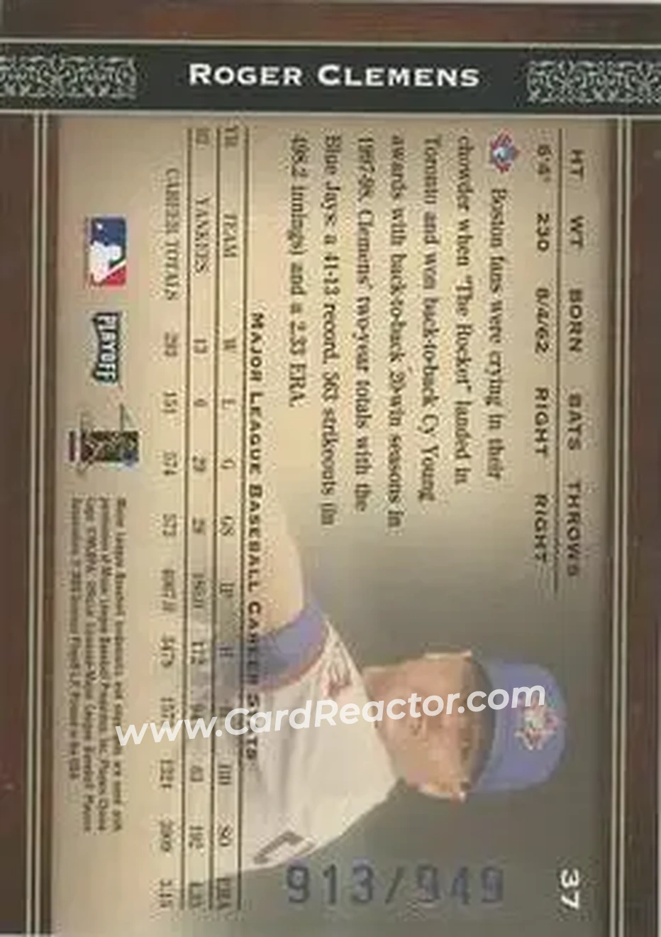 2004 Playoff Prime Cuts #37 - Roger Clemens - Toronto Blue Jays - Back