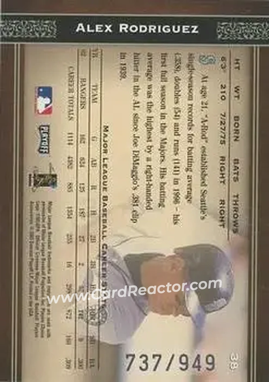 2004 Playoff Prime Cuts #38 - Alex Rodriguez - Seattle Mariners - Back