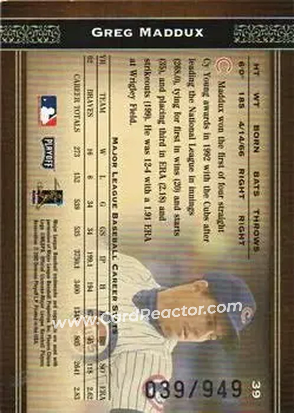 2004 Playoff Prime Cuts #39 - Greg Maddux - Chicago Cubs - Back