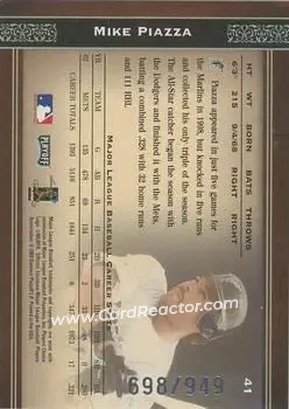 2004 Playoff Prime Cuts #41 - Mike Piazza - Florida Marlins - Back