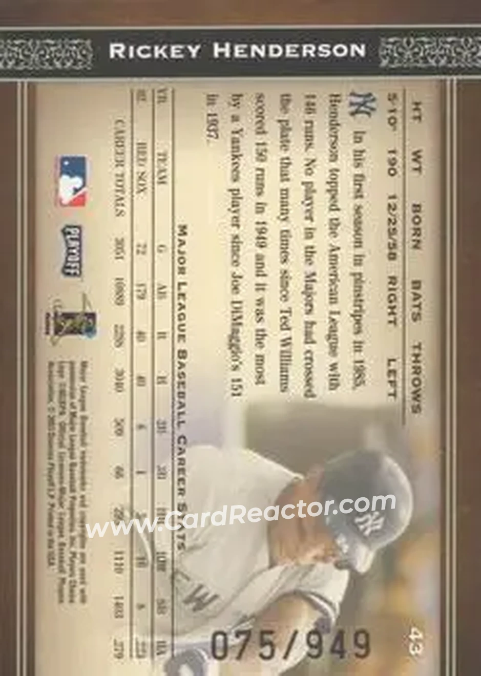 2004 Playoff Prime Cuts #43 - Rickey Henderson - New York Yankees - Back