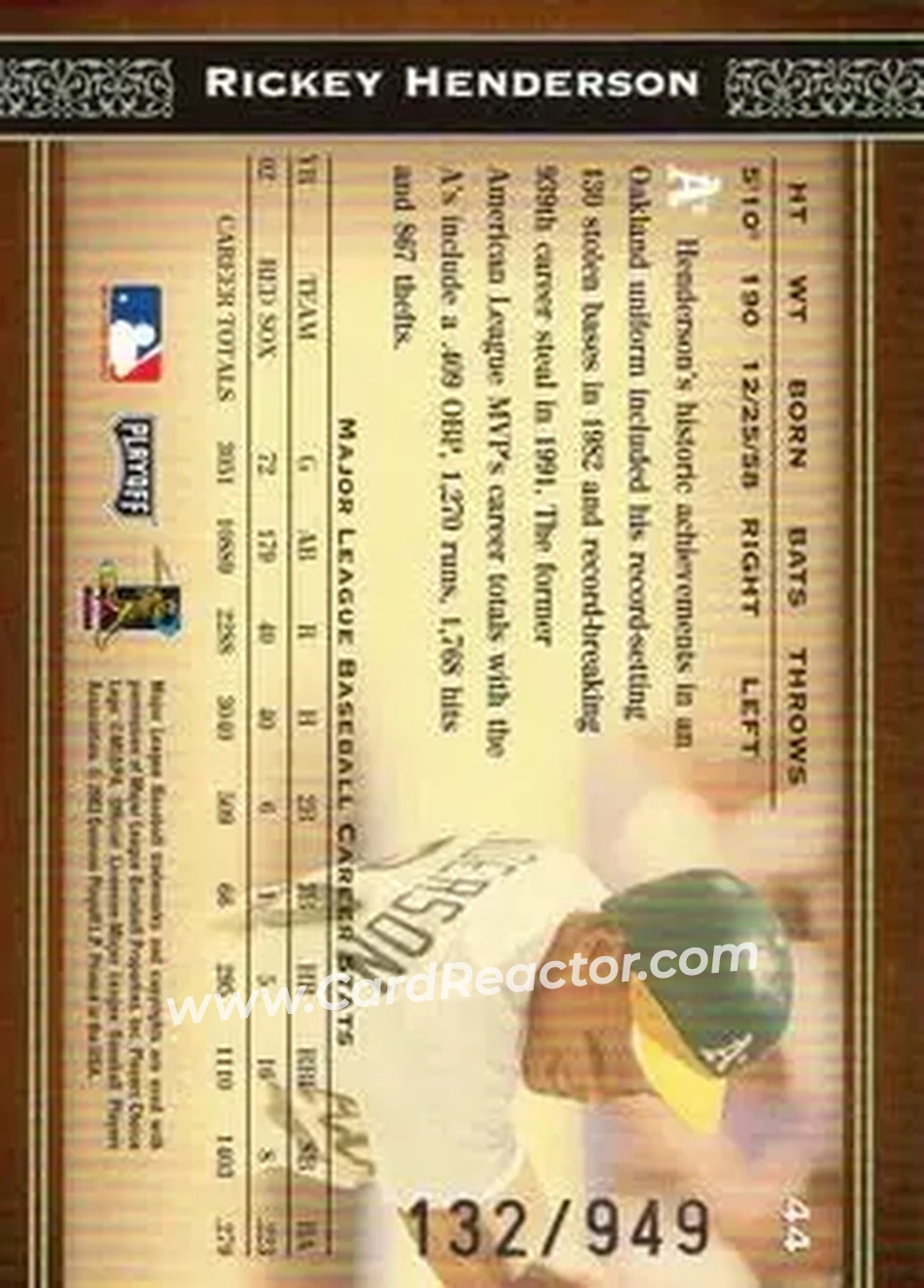 2004 Playoff Prime Cuts #44 - Rickey Henderson - Oakland Athletics - Back