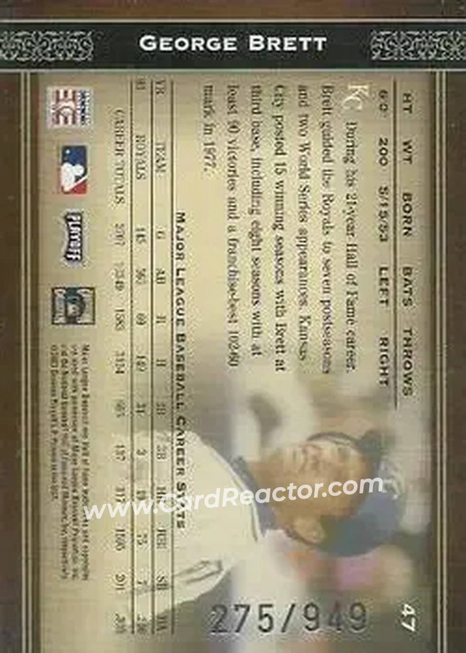2004 Playoff Prime Cuts #47 - George Brett - Kansas City Royals - Back
