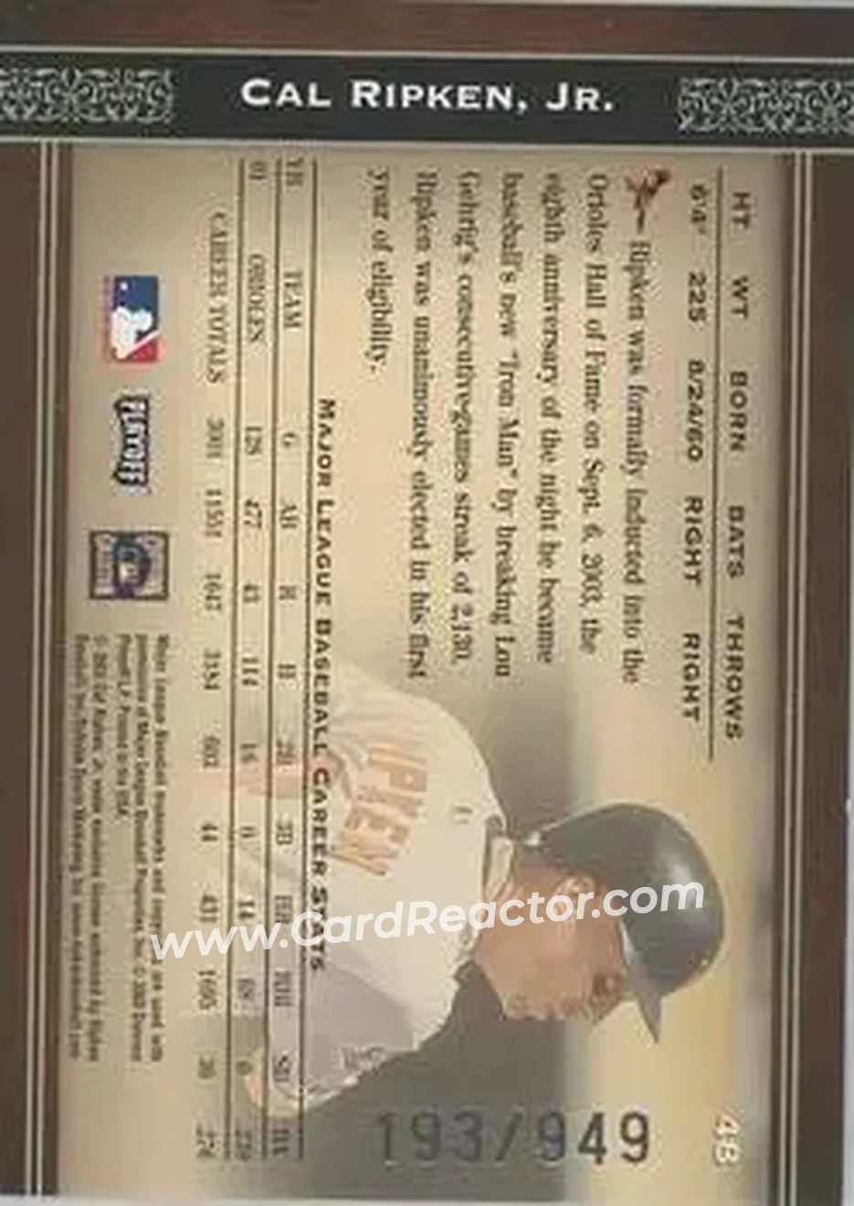 2004 Playoff Prime Cuts #48 - Cal Ripken - Baltimore Orioles - Back