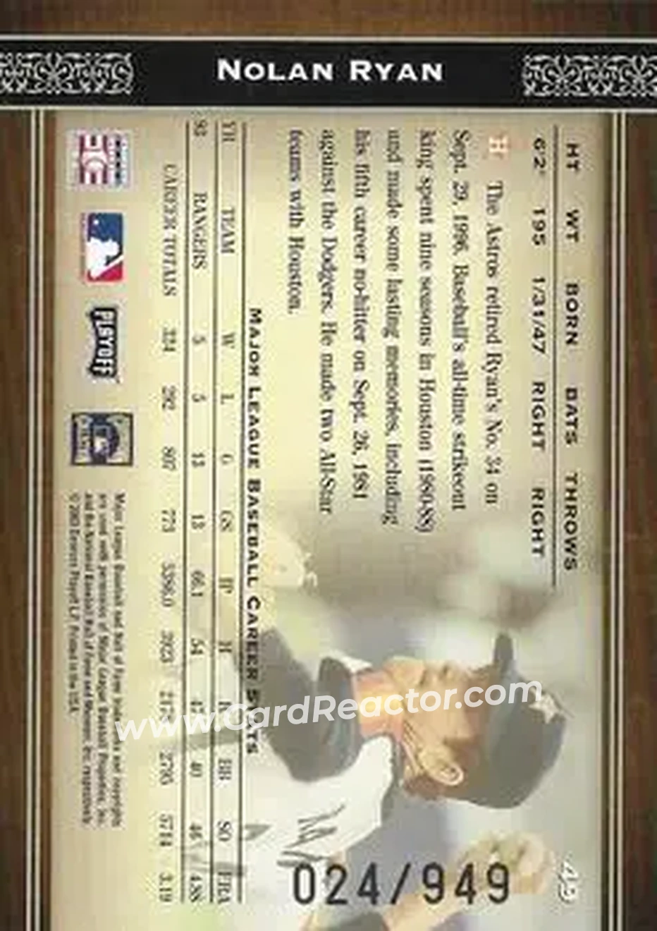 2004 Playoff Prime Cuts #49 - Nolan Ryan - Houston Astros - Back