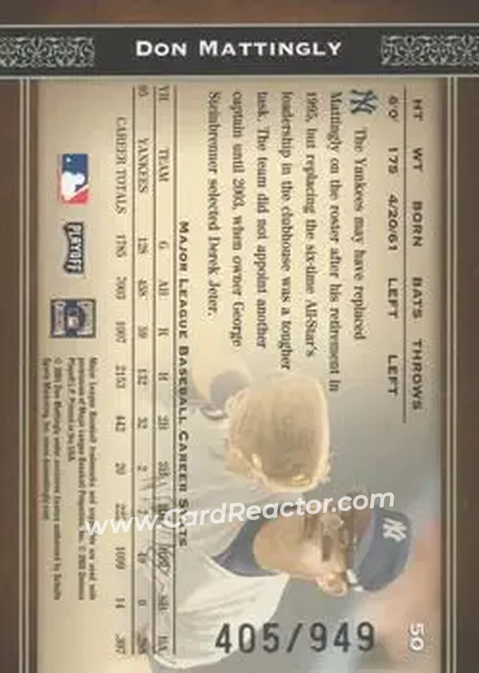 2004 Playoff Prime Cuts #50 - Don Mattingly - New York Yankees - Back