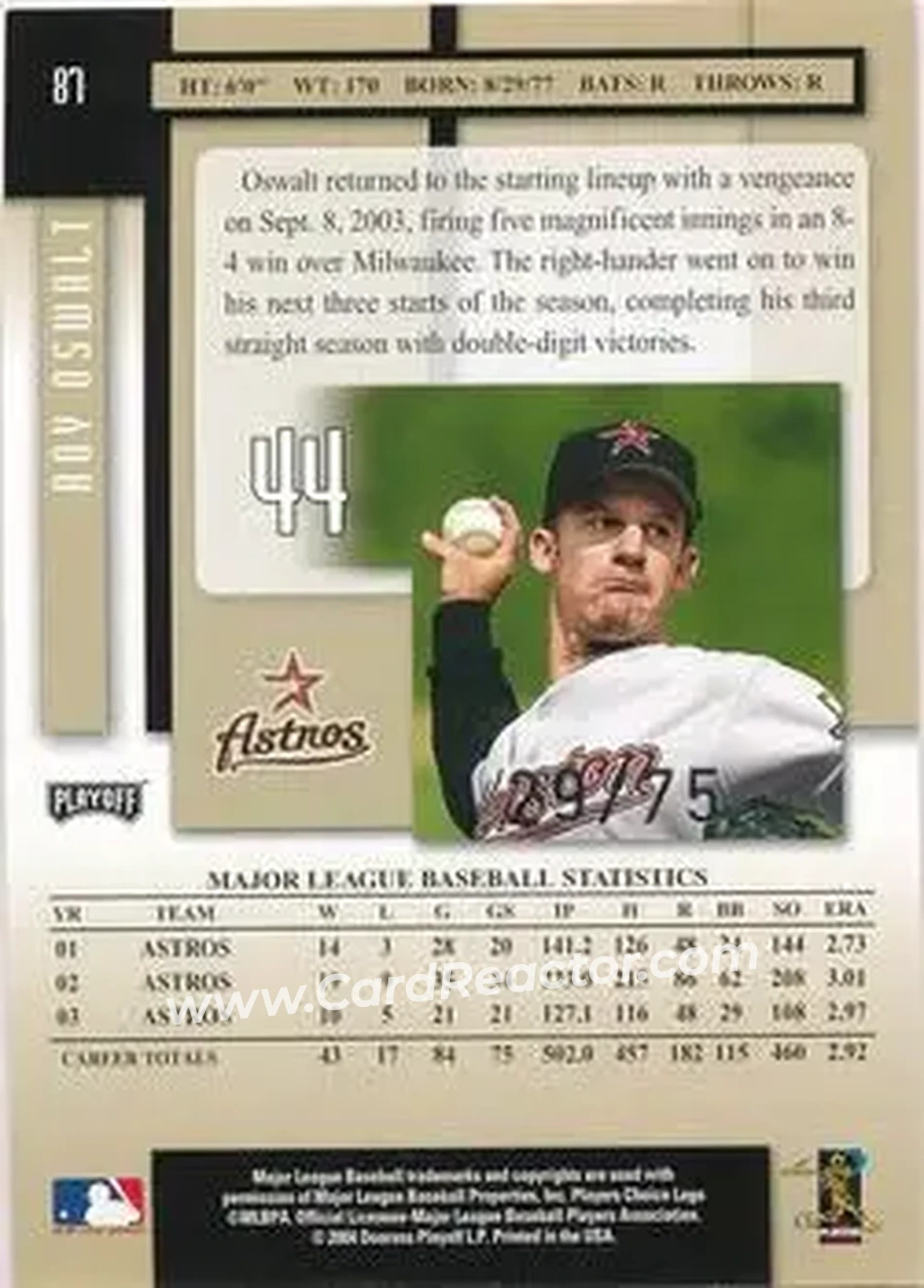 2004 Playoff Prestige - Xtra Bases Black #87 - Roy Oswalt - Houston Astros - Back