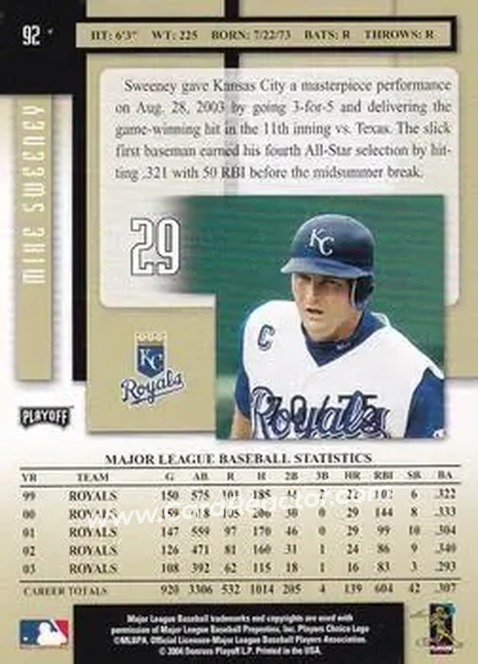 2004 Playoff Prestige - Xtra Bases Black #92 - Mike Sweeney - Kansas City Royals - Back