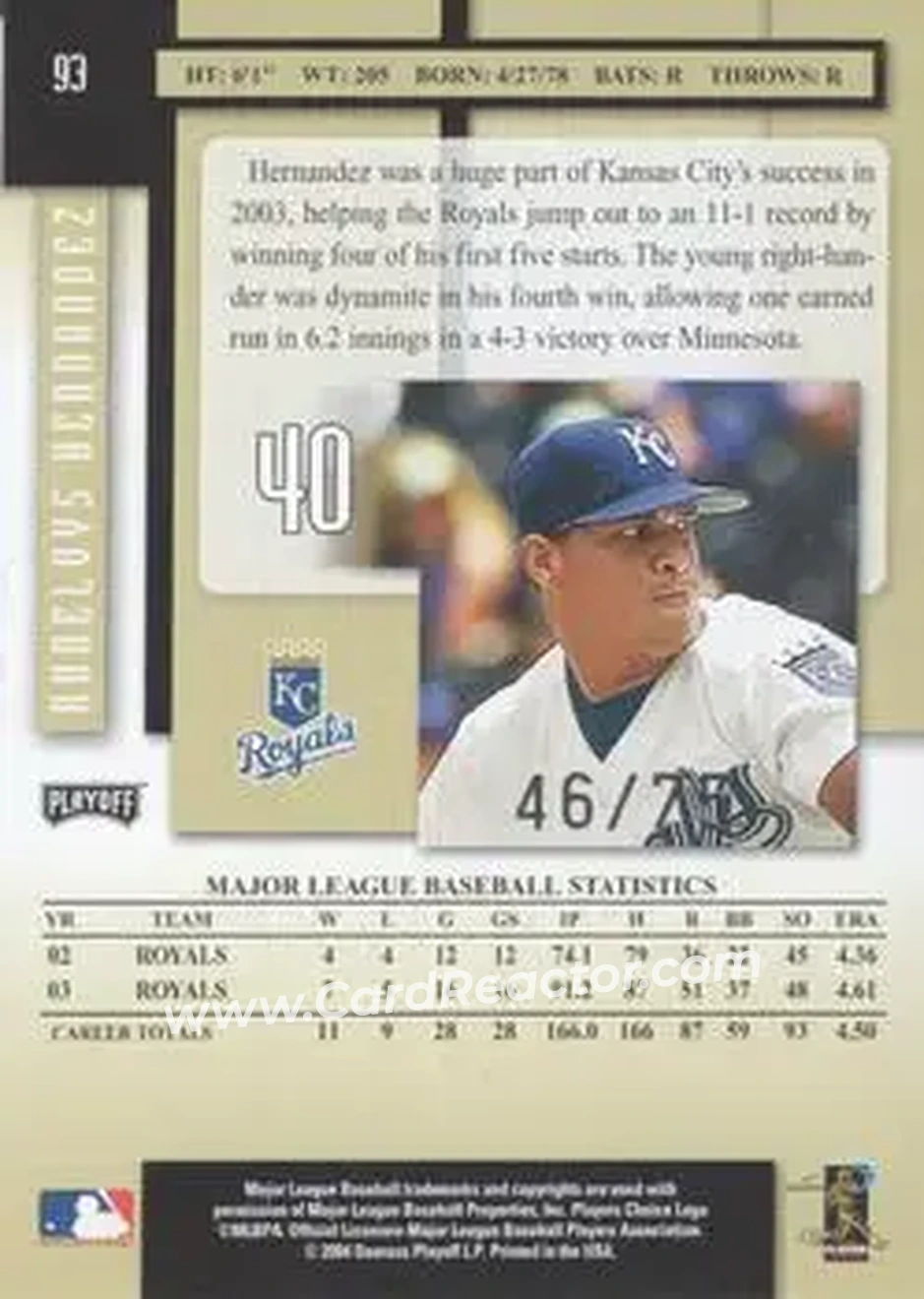 2004 Playoff Prestige - Xtra Bases Black #93 - Runelvys Hernandez - Kansas City Royals - Back