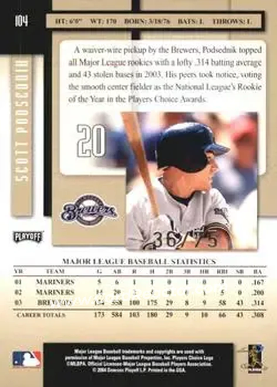 2004 Playoff Prestige - Xtra Bases Black #104 - Scott Podsednik - Milwaukee Brewers - Back