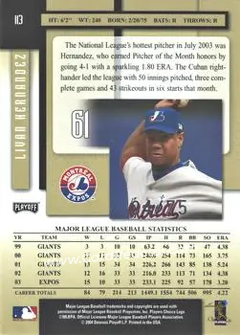 2004 Playoff Prestige - Xtra Bases Black #113 - Livan Hernandez - Montreal Expos - Back