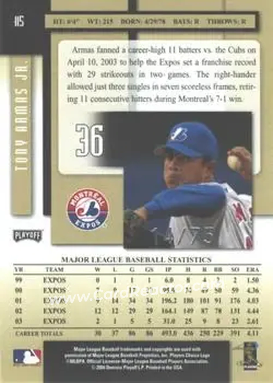 2004 Playoff Prestige - Xtra Bases Black #115 - Tony Armas, Jr. - Montreal Expos - Back
