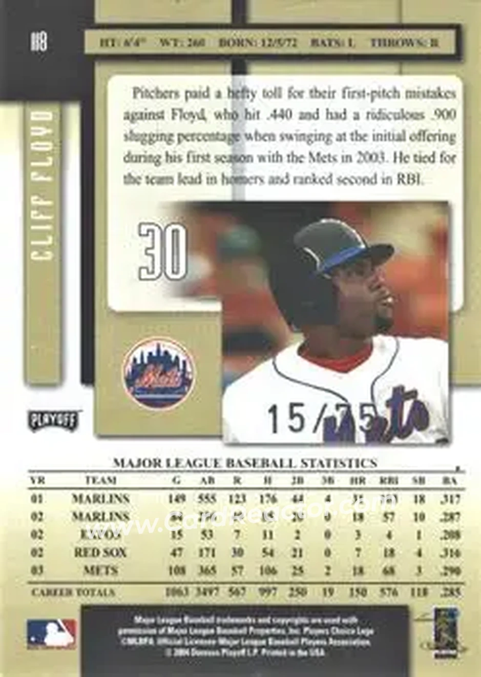 2004 Playoff Prestige - Xtra Bases Black #118 - Cliff Floyd - New York Mets - Back
