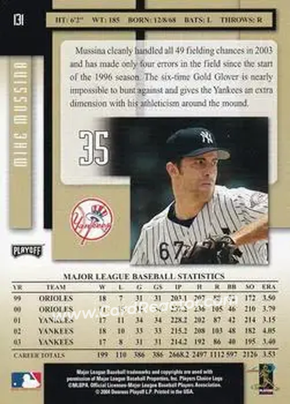 2004 Playoff Prestige - Xtra Bases Black #131 - Mike Mussina - New York Yankees - Back