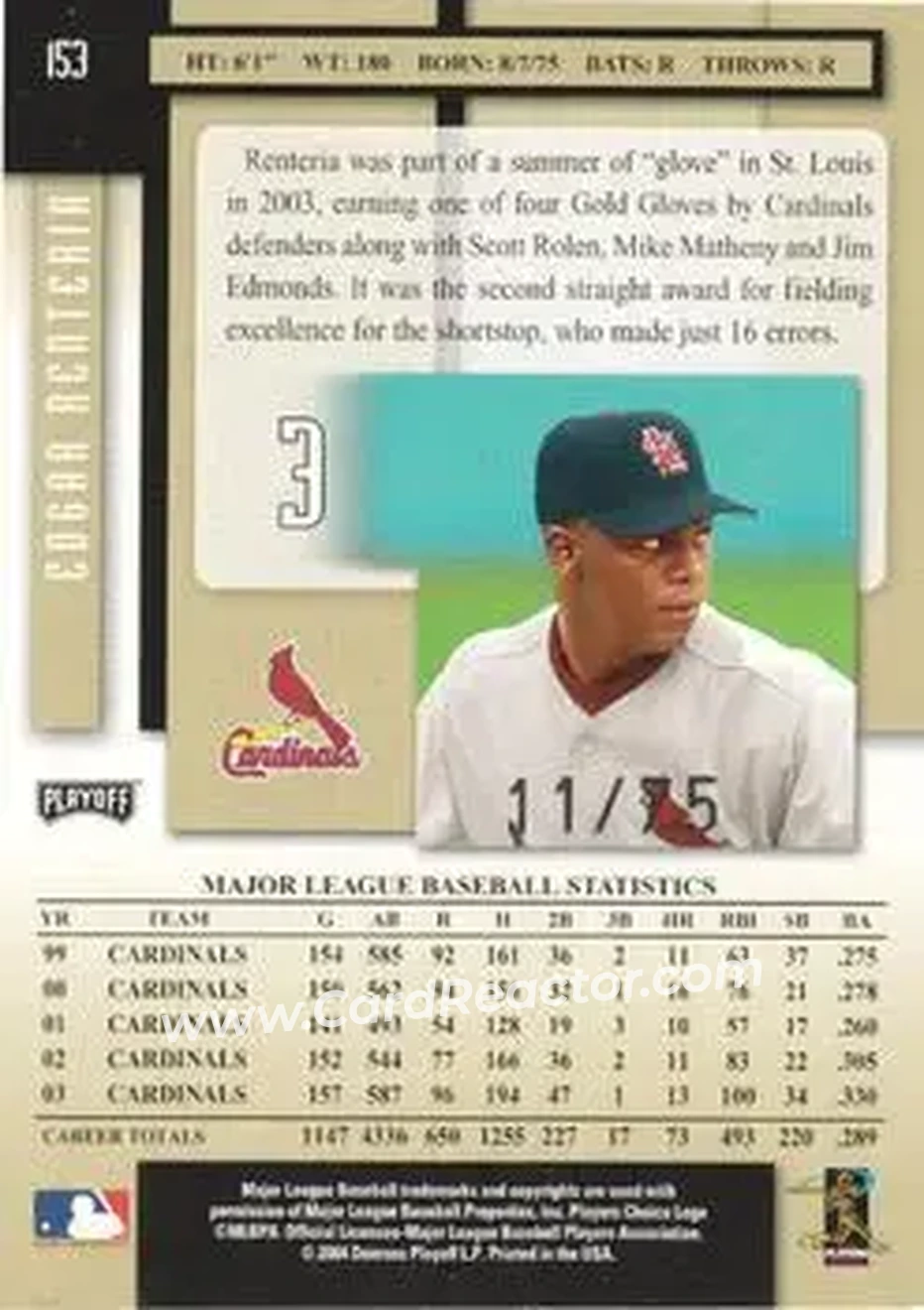 2004 Playoff Prestige - Xtra Bases Black #153 - Edgar Renteria - St. Louis Cardinals - Back