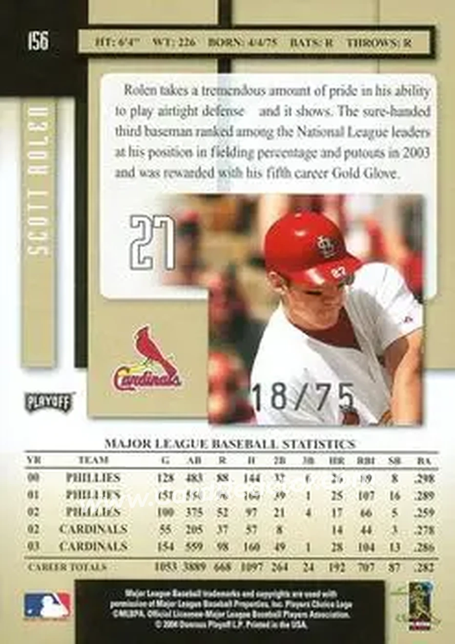 2004 Playoff Prestige - Xtra Bases Black #156 - Scott Rolen - St. Louis Cardinals - Back
