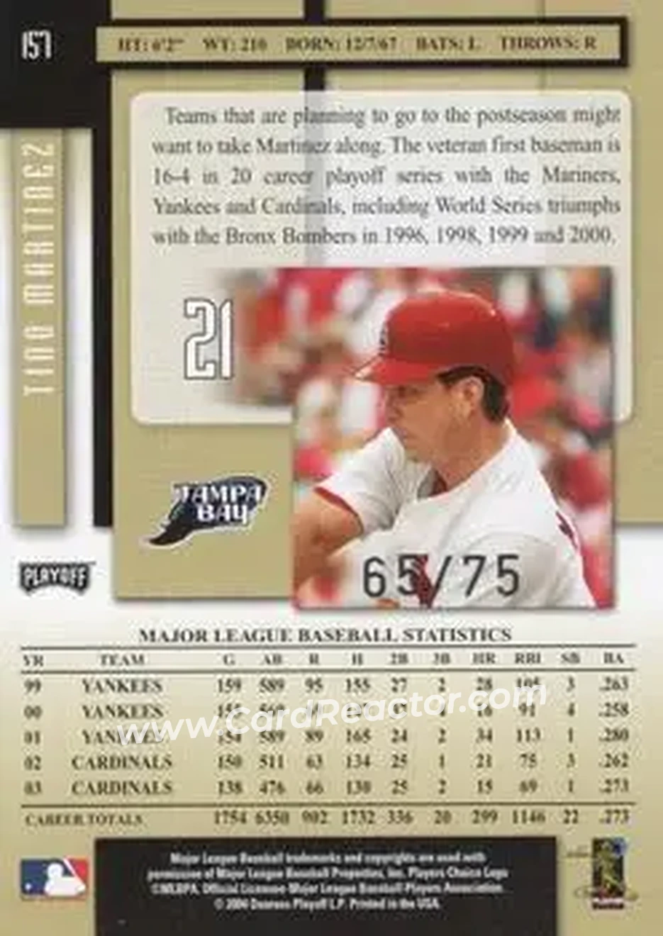 2004 Playoff Prestige - Xtra Bases Black #157 - Tino Martinez - Tampa Bay Devil Rays - Back