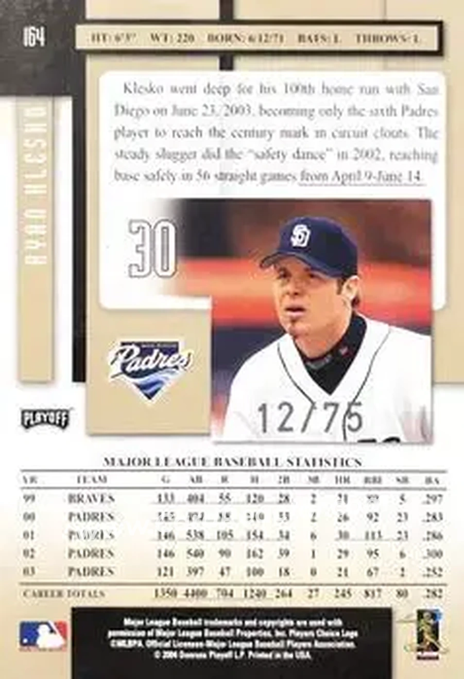 2004 Playoff Prestige - Xtra Bases Black #164 - Ryan Klesko - San Diego Padres - Back