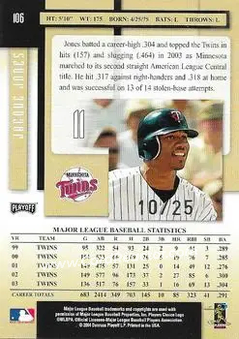 2004 Playoff Prestige - Xtra Bases Black Autographs #106 - Jacque Jones - Minnesota Twins - Back