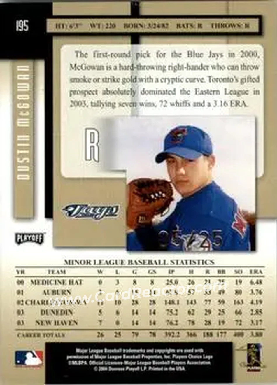 2004 Playoff Prestige - Xtra Bases Black Autographs #195 - Dustin McGowan - Toronto Blue Jays - Back
