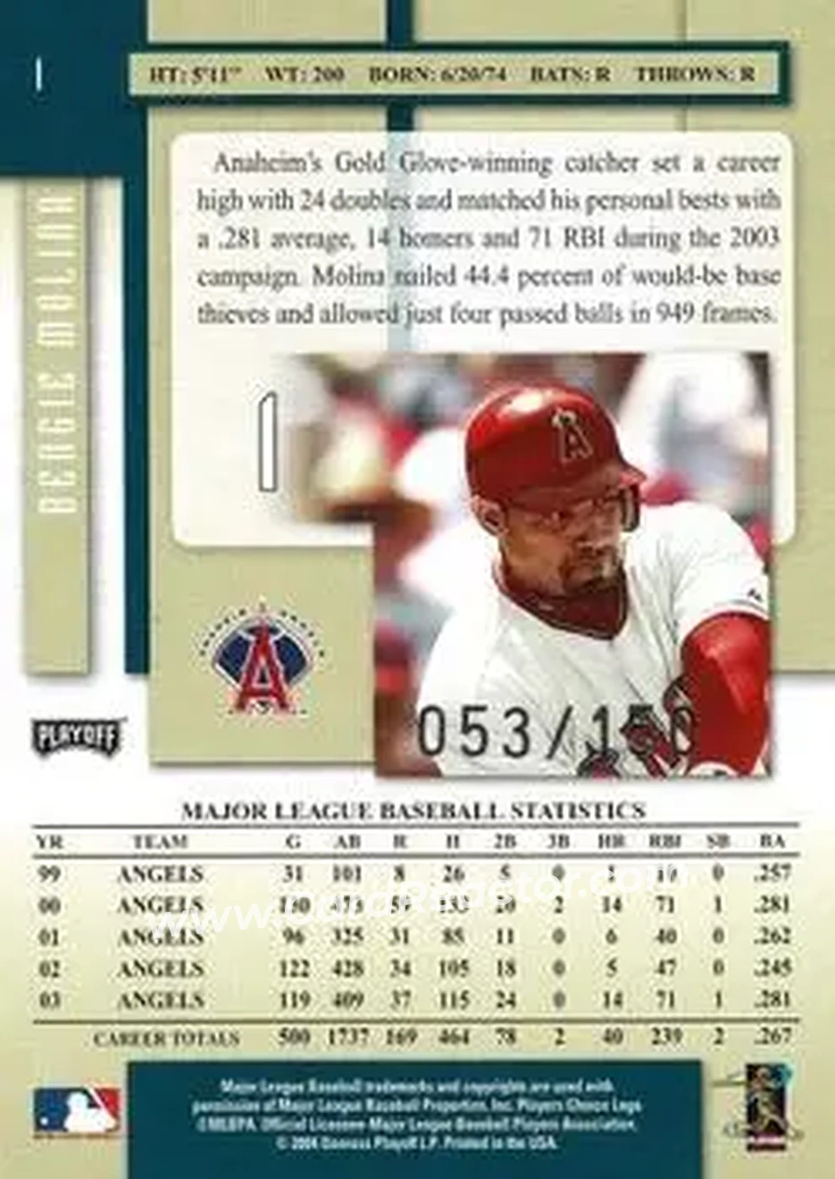2004 Playoff Prestige - Xtra Bases Green #1 - Bengie Molina - Anaheim Angels - Back