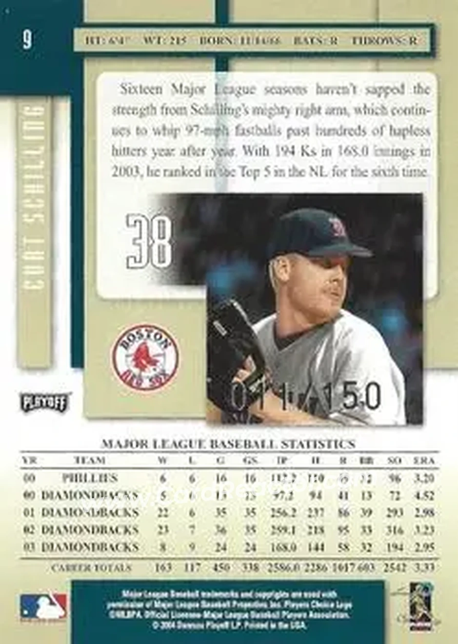 2004 Playoff Prestige - Xtra Bases Green #9 - Curt Schilling - Boston Red Sox - Back