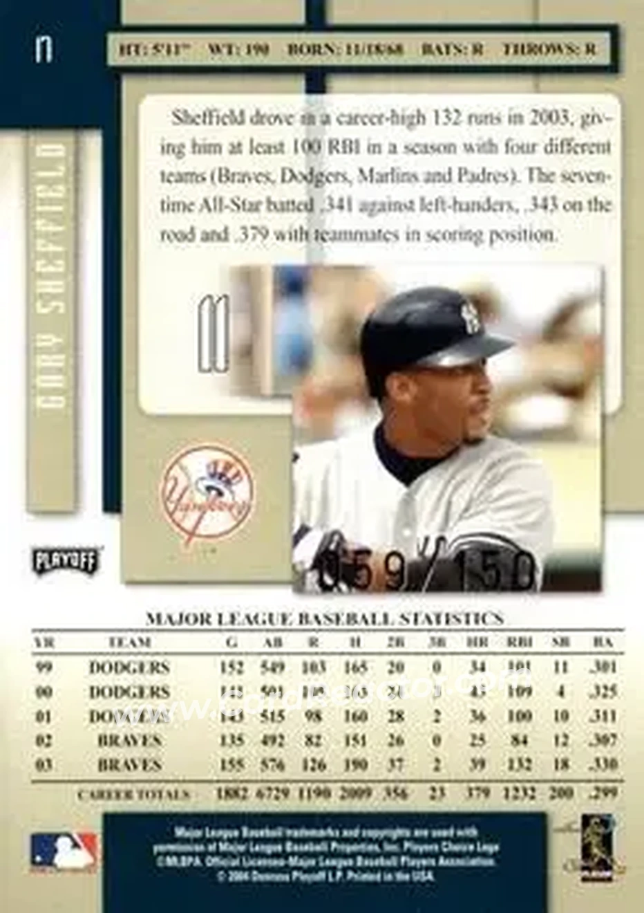 2004 Playoff Prestige - Xtra Bases Green #17 - Gary Sheffield - New York Yankees - Back