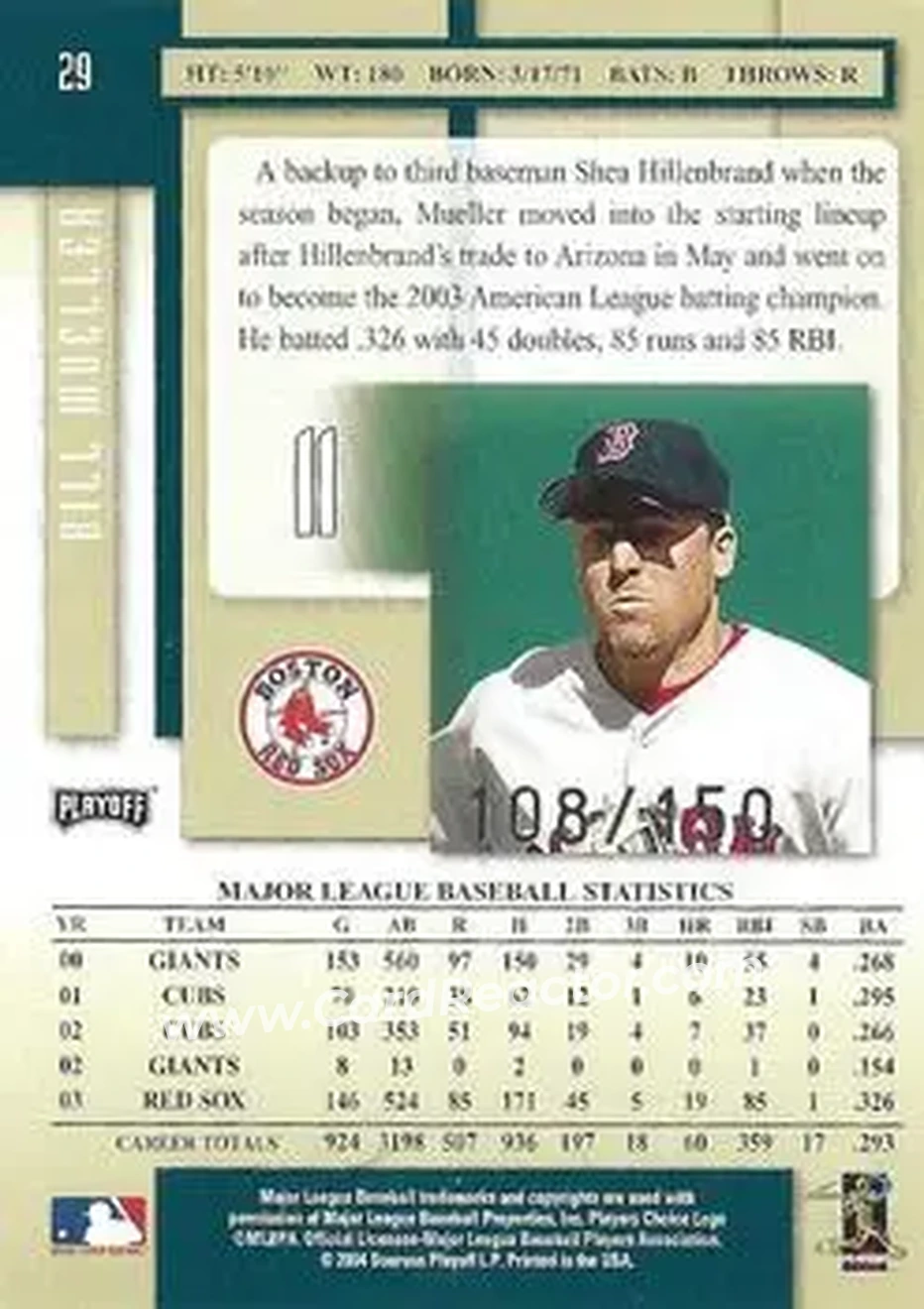 2004 Playoff Prestige - Xtra Bases Green #29 - Bill Mueller - Boston Red Sox - Back