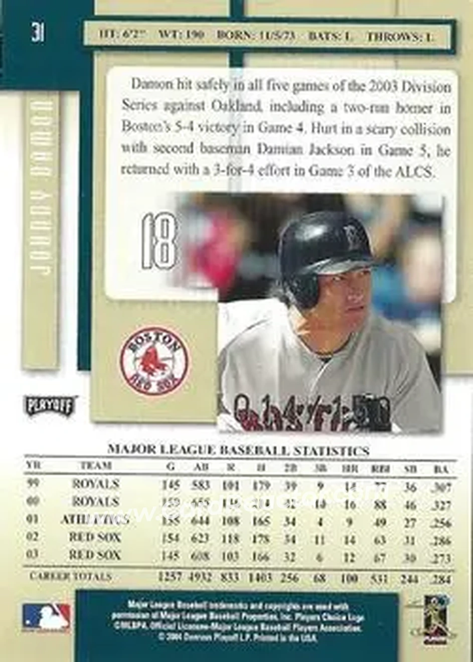 2004 Playoff Prestige - Xtra Bases Green #31 - Johnny Damon - Boston Red Sox - Back