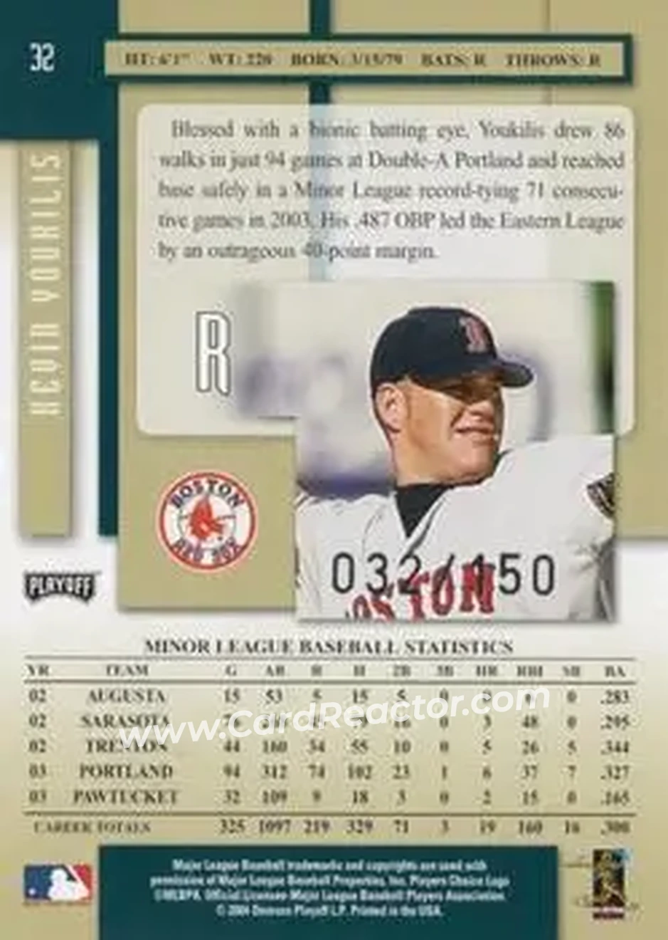 2004 Playoff Prestige - Xtra Bases Green #32 - Kevin Youkilis - Boston Red Sox - Back