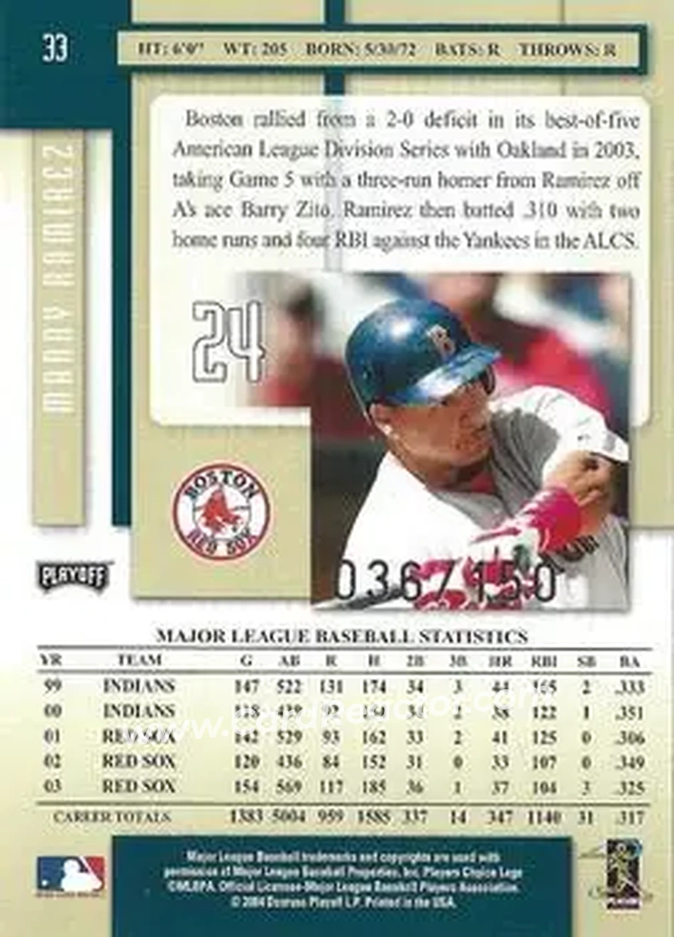 2004 Playoff Prestige - Xtra Bases Green #33 - Manny Ramirez - Boston Red Sox - Back