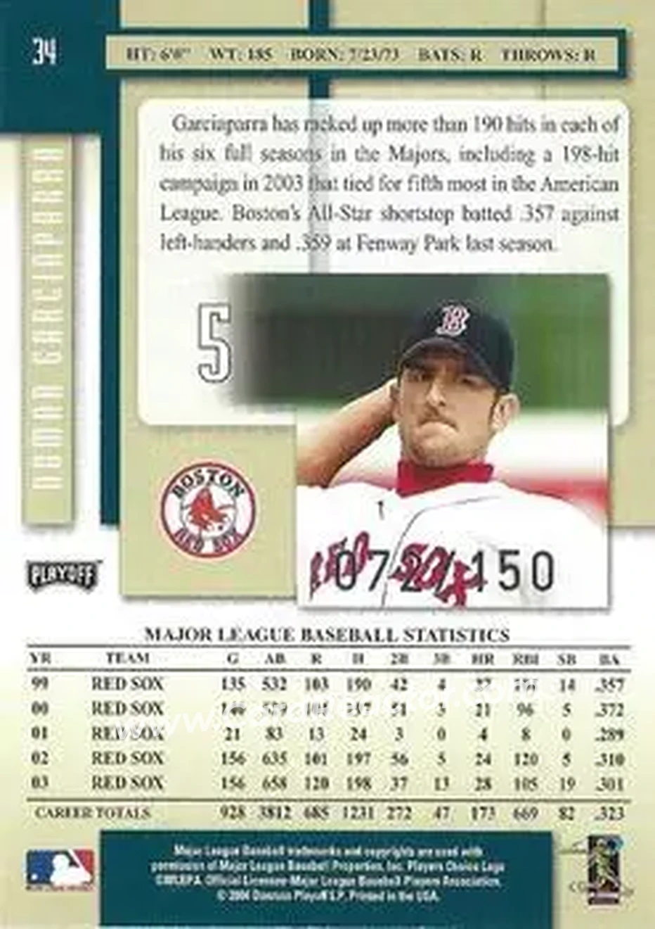 2004 Playoff Prestige - Xtra Bases Green #34 - Nomar Garciaparra - Boston Red Sox - Back