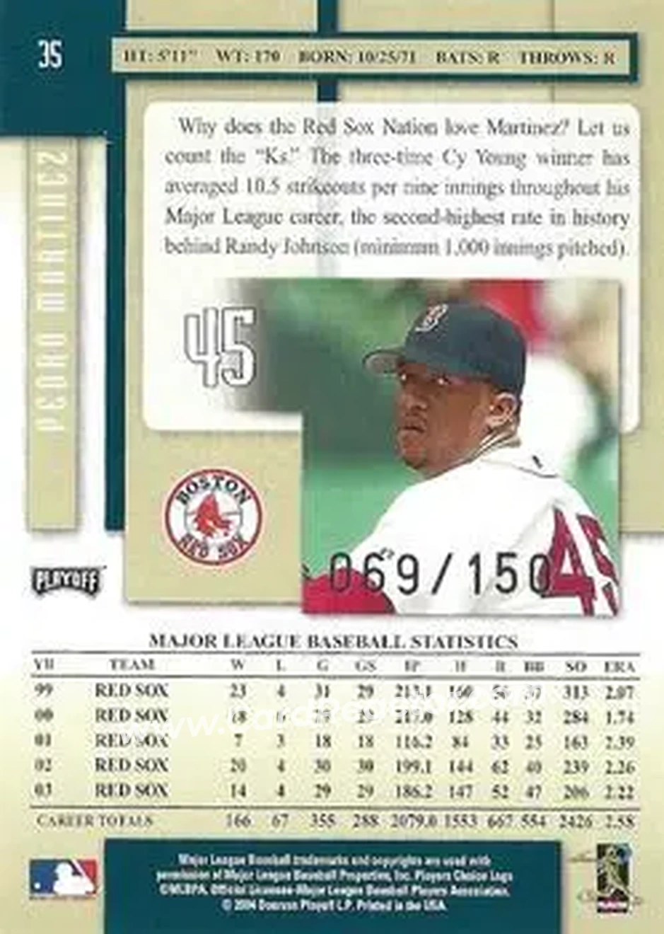 2004 Playoff Prestige - Xtra Bases Green #35 - Pedro Martinez - Boston Red Sox - Back