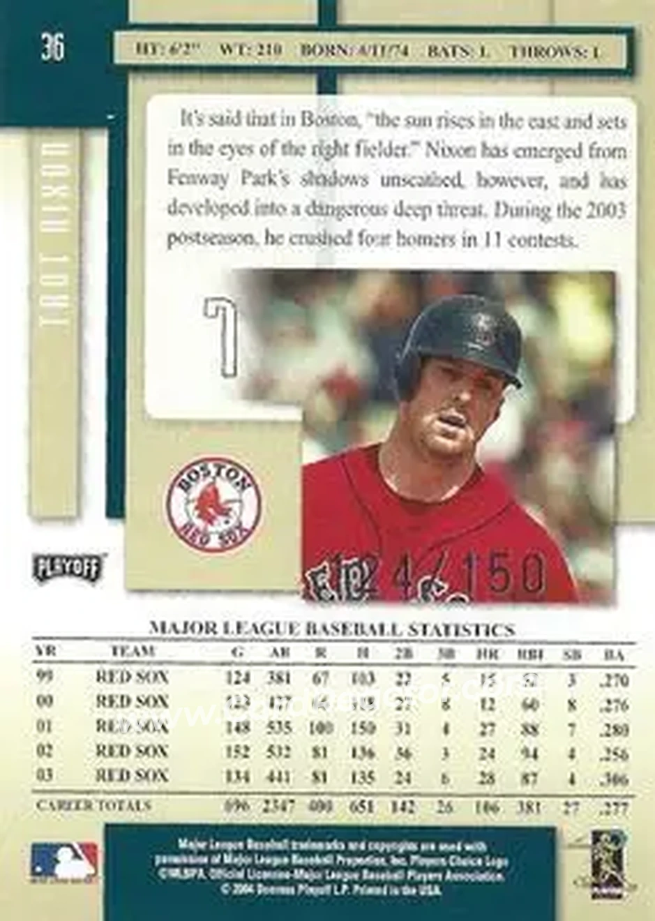 2004 Playoff Prestige - Xtra Bases Green #36 - Trot Nixon - Boston Red Sox - Back