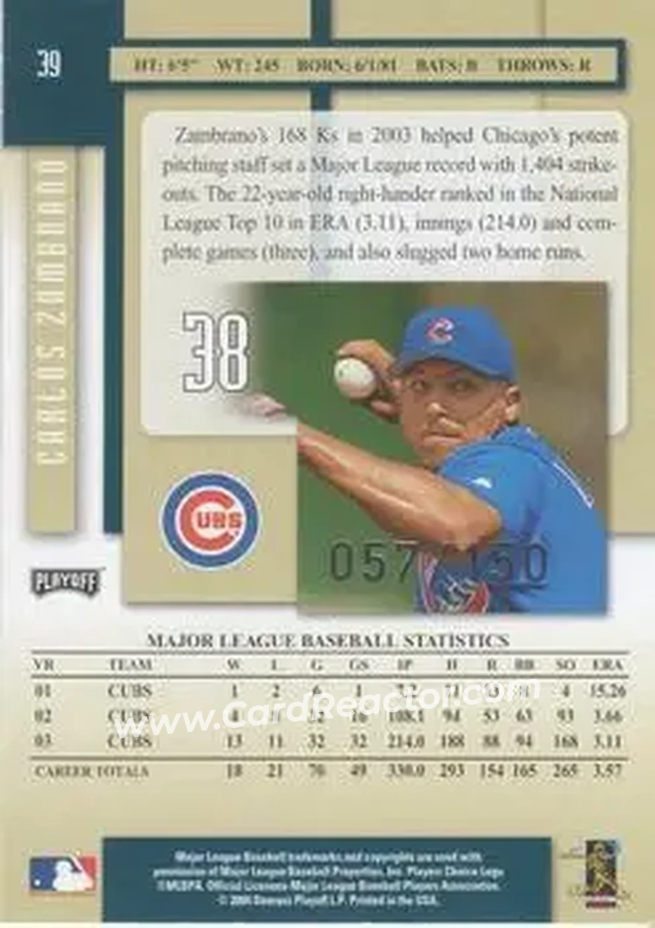 2004 Playoff Prestige - Xtra Bases Green #39 - Carlos Zambrano - Chicago Cubs - Back