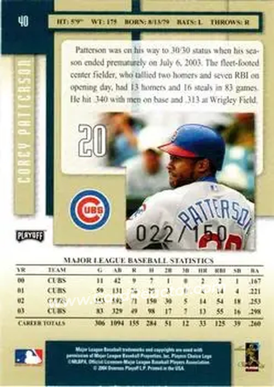 2004 Playoff Prestige - Xtra Bases Green #40 - Corey Patterson - Chicago Cubs - Back
