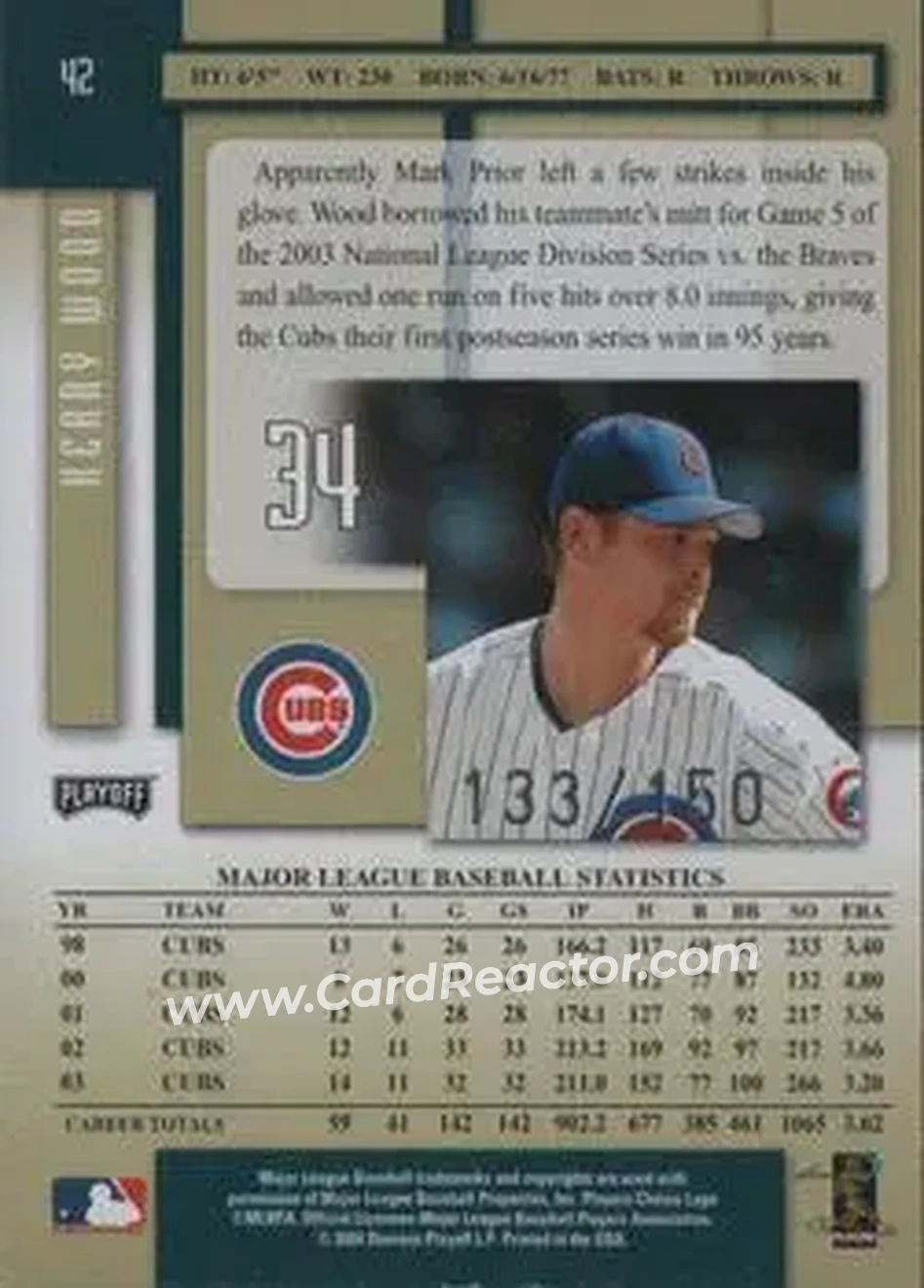 2004 Playoff Prestige - Xtra Bases Green #42 - Kerry Wood - Chicago Cubs - Back