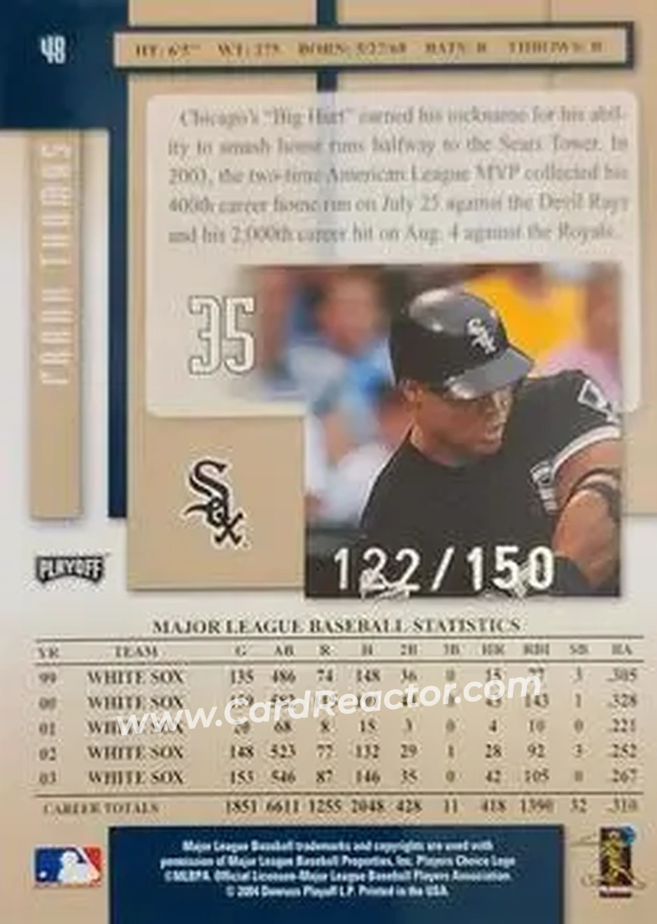 2004 Playoff Prestige - Xtra Bases Green #48 - Frank Thomas - Chicago White Sox - Back