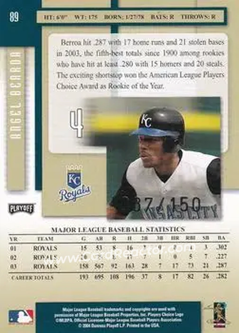 2004 Playoff Prestige - Xtra Bases Green #89 - Angel Berroa - Kansas City Royals - Back
