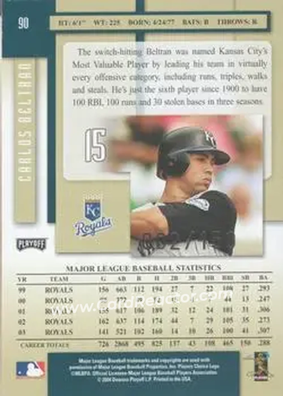 2004 Playoff Prestige - Xtra Bases Green #90 - Carlos Beltran - Kansas City Royals - Back