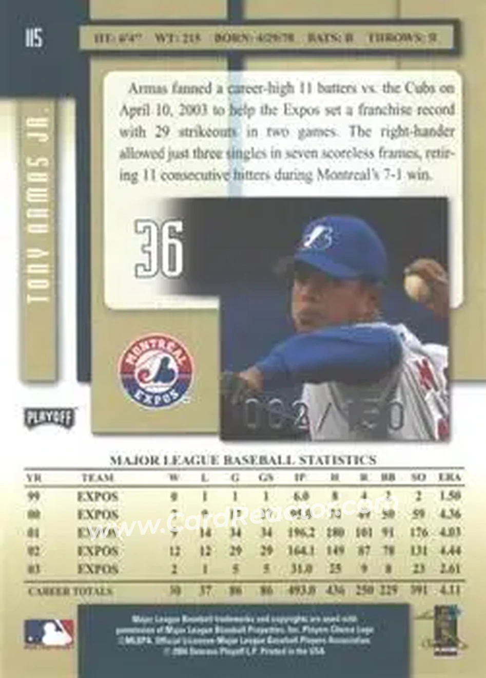 2004 Playoff Prestige - Xtra Bases Green #115 - Tony Armas, Jr. - Montreal Expos - Back