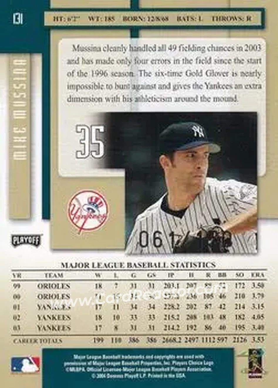 2004 Playoff Prestige - Xtra Bases Green #131 - Mike Mussina - New York Yankees - Back