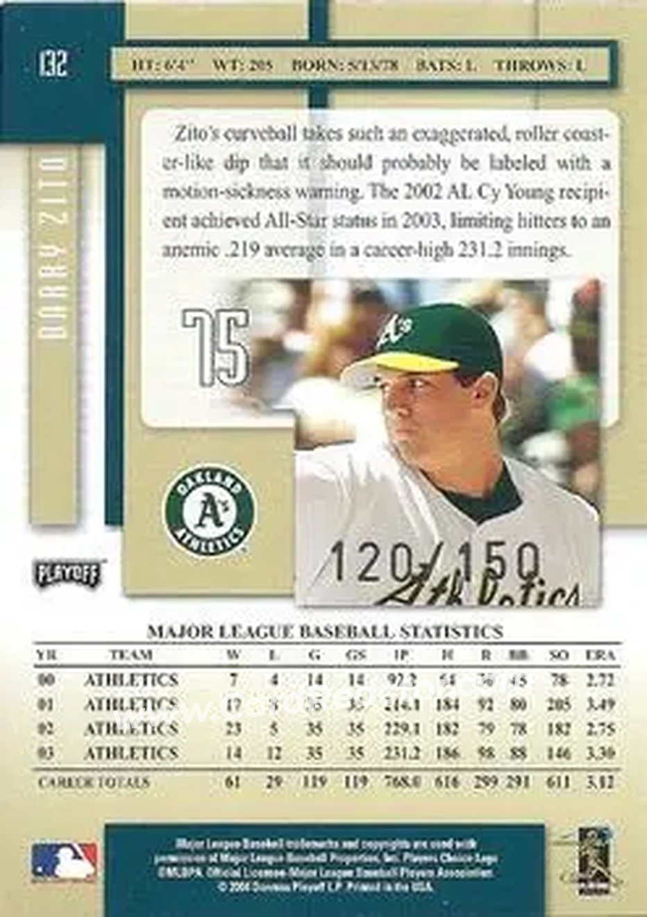 2004 Playoff Prestige - Xtra Bases Green #132 - Barry Zito - Oakland Athletics - Back