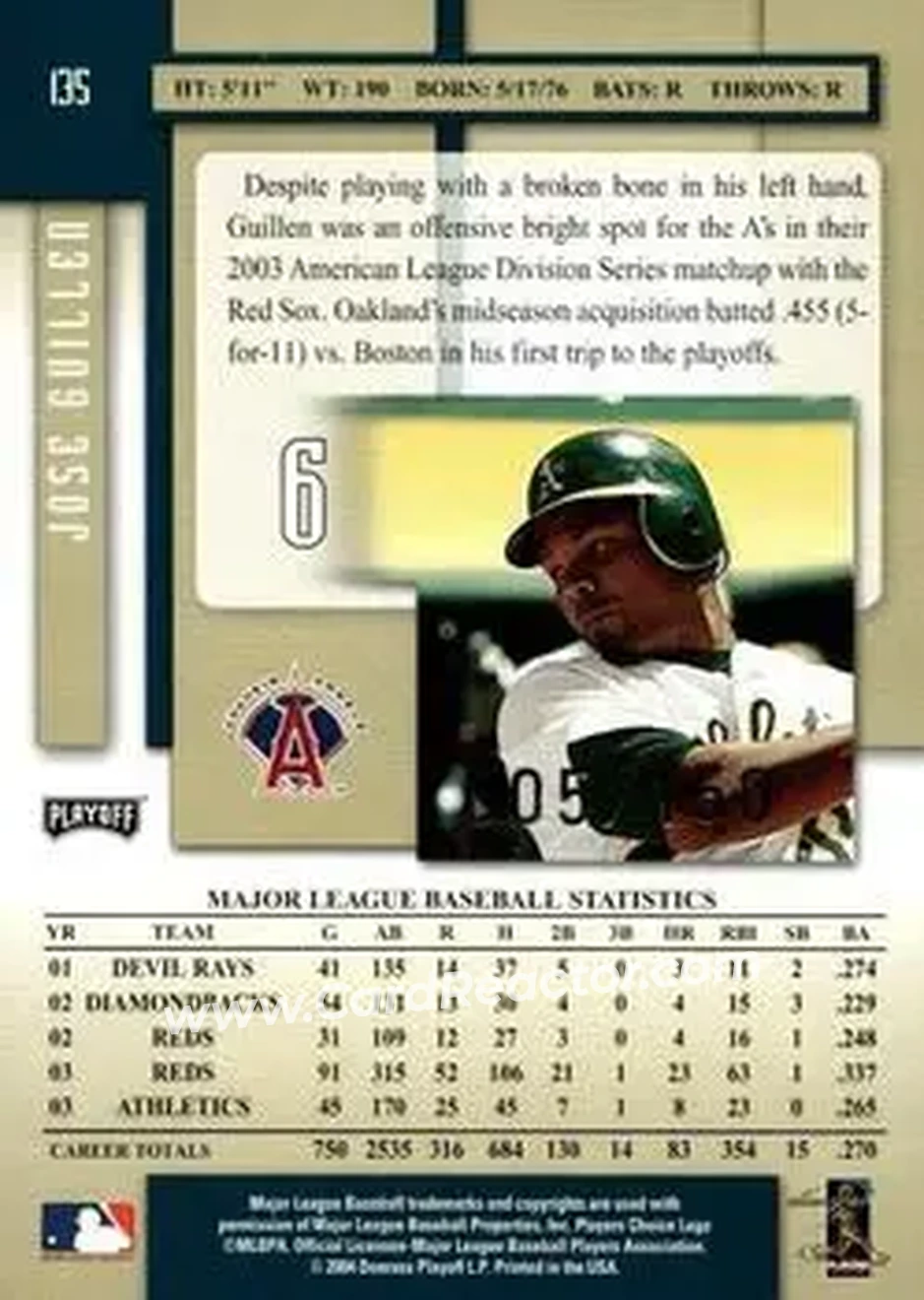 2004 Playoff Prestige - Xtra Bases Green #135 - Jose Guillen - Anaheim Angels - Back