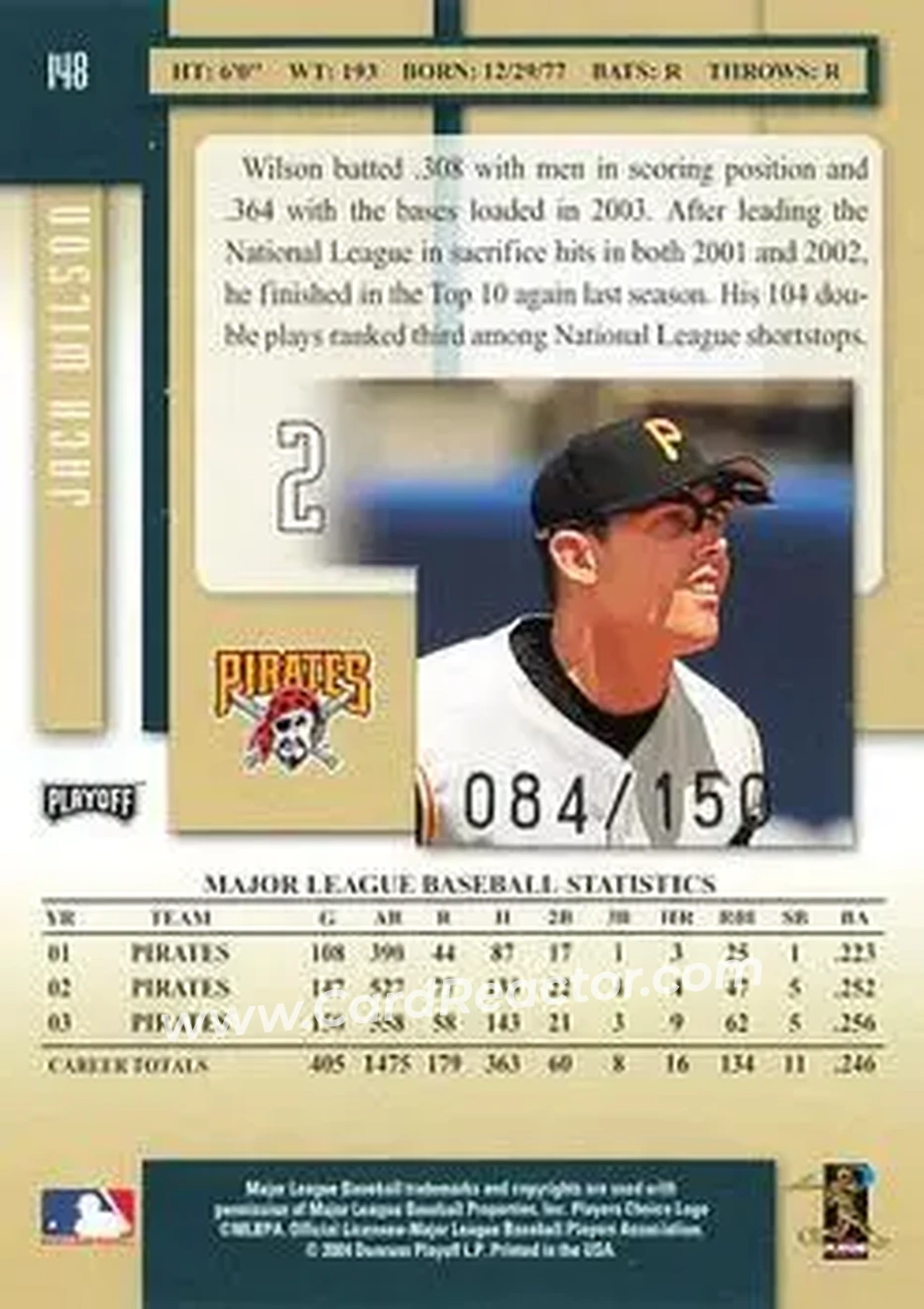 2004 Playoff Prestige - Xtra Bases Green #148 - Jack Wilson - Pittsburgh Pirates - Back
